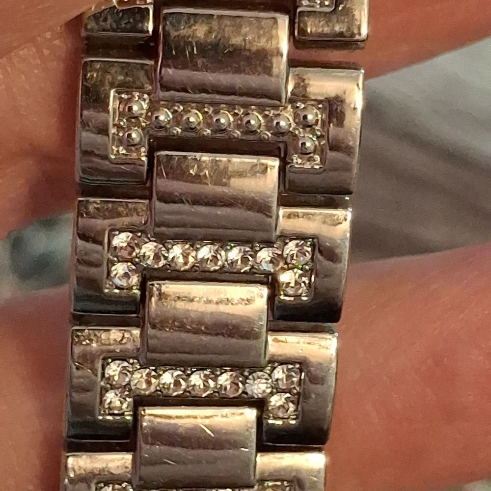 Two Womens Rhinestone Encrusted Silvertone 34mm Watches. Pre-Owned.